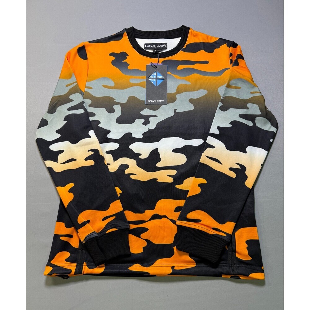 Create 2MRW Crew Neck Sweatshirt Men Small Orange Camo Long Sleeve w/ Ribbed Hem